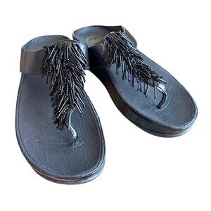 Fit Flop Cha Cha Sandal Wedge Black Beaded Fringe 9 Alligator Embossed Leather